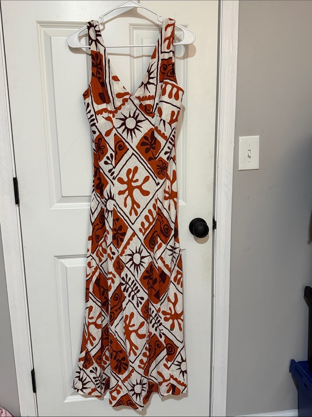 Scoop-Neck Maxi Dress in Rust and Cream Geometric Print